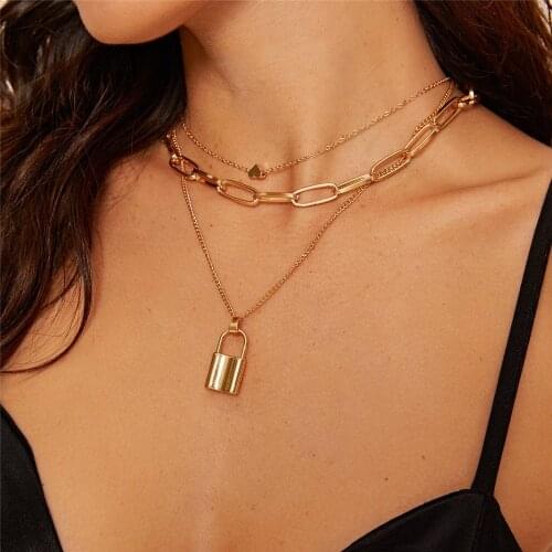 Punk Lover Lock Pendant Necklace Hip hop Padlock Heart Necklace for Women Thick Chain Statement Jewelry