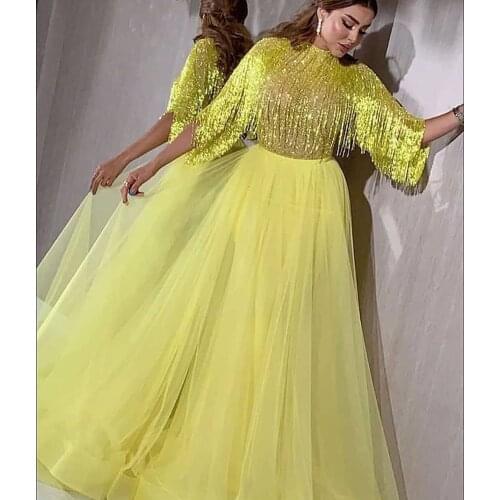 Yellow prom dresses 2020 tassel tulle floor length fashion evening dresses arabic party dresses