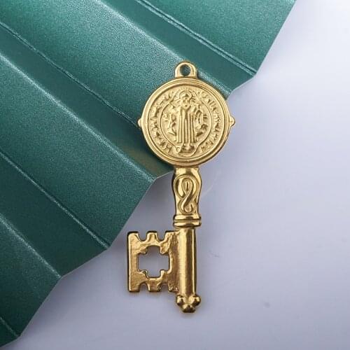 100% Stainless Steel St Benedict Medal Key Pendant Gold/Silver Color Metal San Saint Benedict Key Cross Medal Wholesale 10pcs