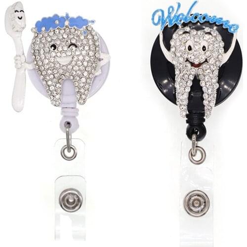 20 pcs/Free Shipping Cute White rhinestone tooth shape badge reel medical nurse/doctor/ dentist badge holder