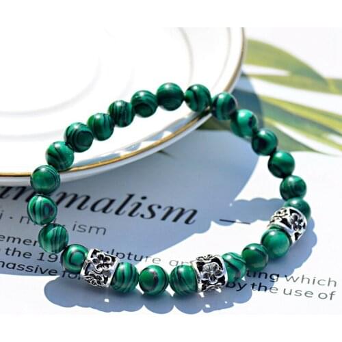 2019 Charm Men Green Malachite Stone Beaded Bracelet Hollow Flower Alloy Bracelets&Bangles Women Pulseras