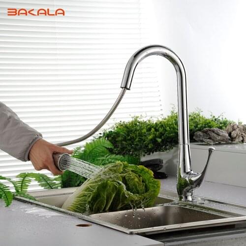 BAKALA Brass Single Handle High Arc Spring Pull Down Kitchen Faucet with Swivel Spout, Chrome LH-8117