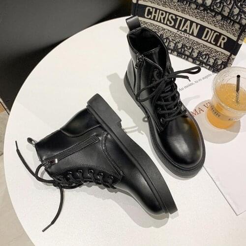 Black PU Leather Ankle Boots Women Autumn Winter Round Toe Lace Up Shoes Woman Fashion Motorcycle Platform Botas