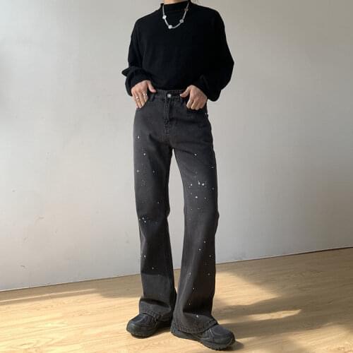 EukaaRu Irregular Paint Point Jeans Man Hiphop Micro Flare Pants Baggy Denim Pants Straight Wide Leg Black Trousers Mens Jeans