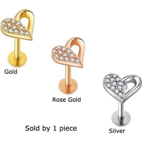 1piece Heart Shape Labret Stud Flat Head Lip Helix Piercing Stainless Steel with Zircon