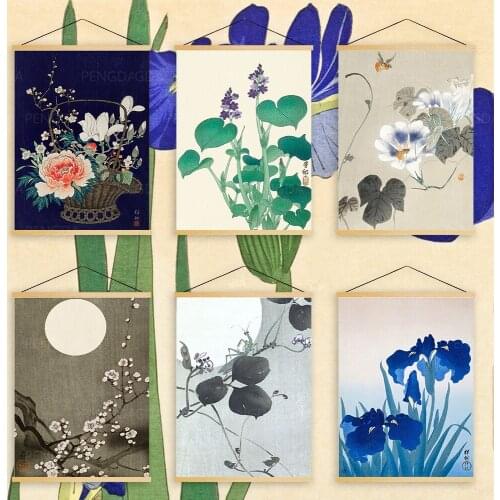 Canvas Wall Art Vintage Prints Painting Solid Wood Hanging Scrolls Moon Flower Posters Home Decor Living Room Modular Pictures