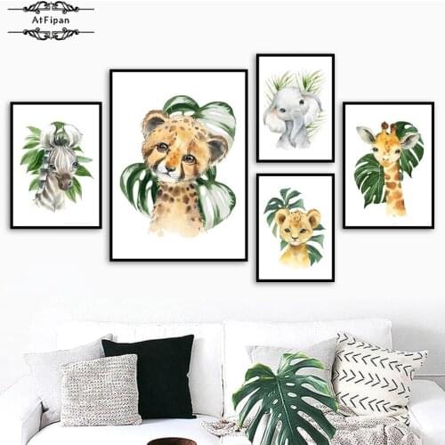 Baby Giraffe Tiger Horse Rhino Leaf Wall Art Canvas Painting Nordic Posters and Prints Animal Wall Pictures Baby Kids Room Decor