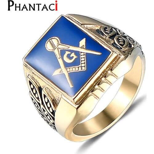Stainless Steel Big Rings For Men Mason Freemasonry Blue Retro Mens Ring Masonic Vintange Bague Homme Gold Color Anillos Bague