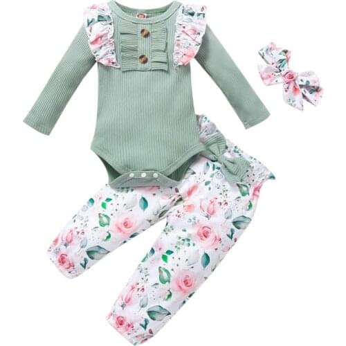 2021 Nebworn Kid Girls 3pcs Clothes Set Girl Rompers Skirt Bow Knot Headdress Baby Clothing Sets