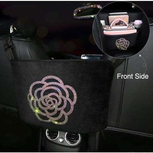 Creative Rhinestone Camellia Flower Car Storage Bag Auto Organizer Front Seat Back Holder Multi-Pocket Diamond Car Backseat Bag