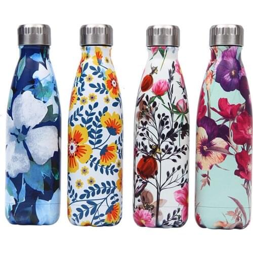 Creative Floral Thermos Flask Stainless Steel Water Bottle Leakproof Gym Sport Drink Bottle For Water Cool Insulated Cup Mug