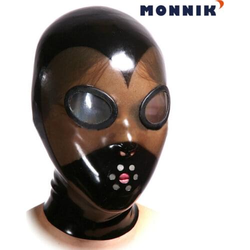 MONNIK Latex mask Black Eyeglasses have lens Mouth has openings Sexy Unisex Hood Gummi 0.4mm for Party Wear Catsuit Unique New