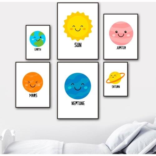 Cute Cartoon Sun Earth Jupiter Mars Saturn Wall Art Canvas Painting Nordic Posters And Prints Wall Pictures Baby Kids Room Decor