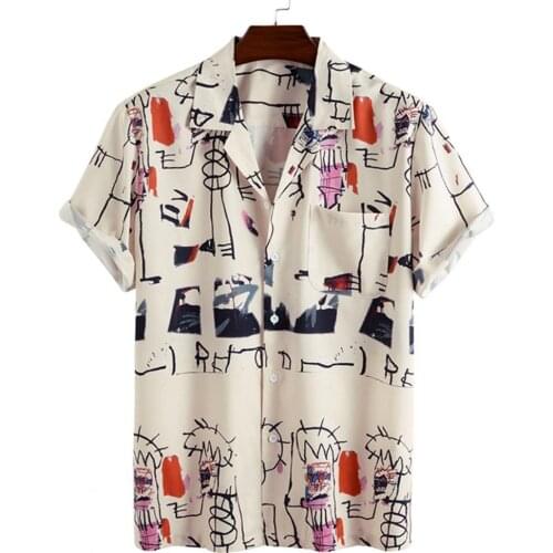 Men Shirt Short Sleeve Shirt Graffiti Men Shirt For Summer 2021 Fashion Loose Hawaiian Henley Lapel Male Shirt Chemise Homme