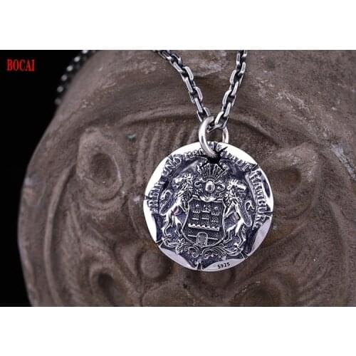 Mens trendy personality s925 sterling silver Japanese and Korean simple Thai silver coin necklace pendant