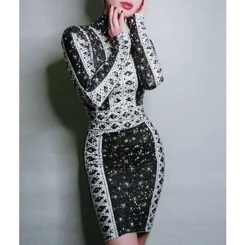 New Sparkly Rhinestones Long Sleeve Black Bodycon Dress Women Birthday Evening Prom Party Night Dresses Female Singer Outfit