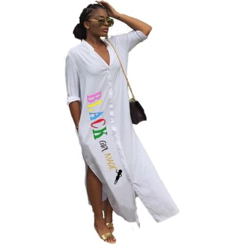 2021 Spring and Autumn New Womens Letter Printing Long-Sleeved Split Single-Breasted Dress