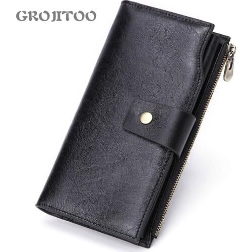 GROJITOO New Mens Multi-card Fashion Casual Business Long Genuine Leather Wallet Zipper Coin Purse Card Bag Male Walet Pocket