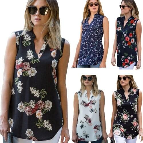 Phertiful New Arrival Fashion Chiffon Floral Tshirt Women T-shirt Sleeveless Tees Ladies V-Neck Plus Size Feminino Pullovers 5XL