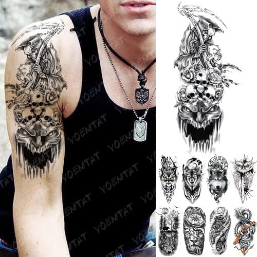 Waterproof Temporary Tattoo Sticker Skull Grim Reaper Hell Flash Tattoos Lion Compass Body Art Arm Fake Tatoo Women Men