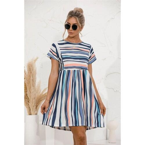Women Summer Dress Cute Loose Striped Print Ruffles Sleeves Dresses Elegant A Line Patchwork Beach Party Female Dress Vestidos