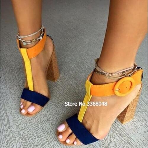 2019 Summer Woman Blue Yellow Orange Patchwork Sandals Round Buckle Straps Chunky High Heels Female Prom Dress Shoes