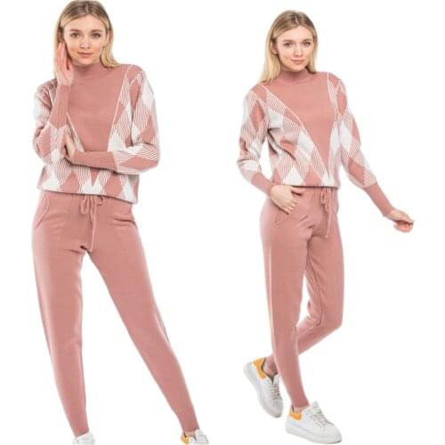 2 Piece Cargo Pant and Geometric Patterned Sweater Womens Set Comfortable Cotton Turkish Set For 4 Season Pullover Shirt Sweater