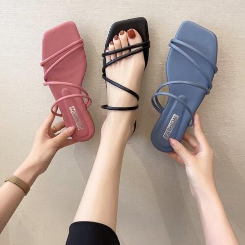 New Slippers Women Summer 2021 Korean Version New Square-toe Flat-heel Candy Color Fashion Outer Wear Sandals Slippers