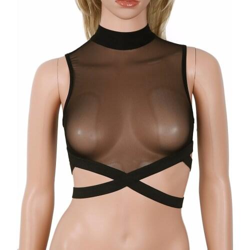 Women Bra Top Sexy Lingerie Porno Underwear Plus Size Sleeveless High Neck Sheer Mesh Transparent Elastic Strap Cross Crop Tops
