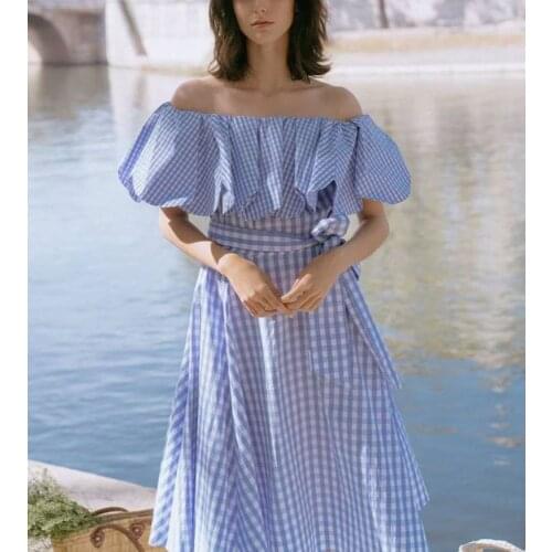 Women Midi Dress Plaid Mid-Calf Slash Neck High Waist Dress 2021 Summer New Ladies Prairie Chic Long Robe for Holiday