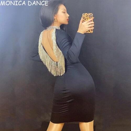 Women Sexy Stage Tassel Rhinestones Chains Backless Dance Dress Bar Prom Women Dancer Hollow Outfit Birthday Celebrate Dress