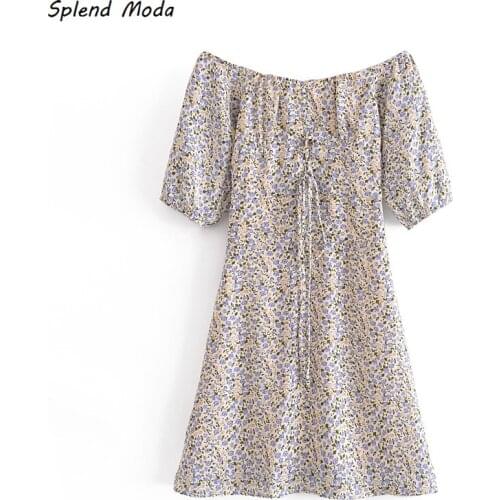 Splend Moda 2021 Summer New Floral Print Folds Drawstring Lace-Up Slash Neck Half Sleeve A-Line Women Dress Zipper Vestido