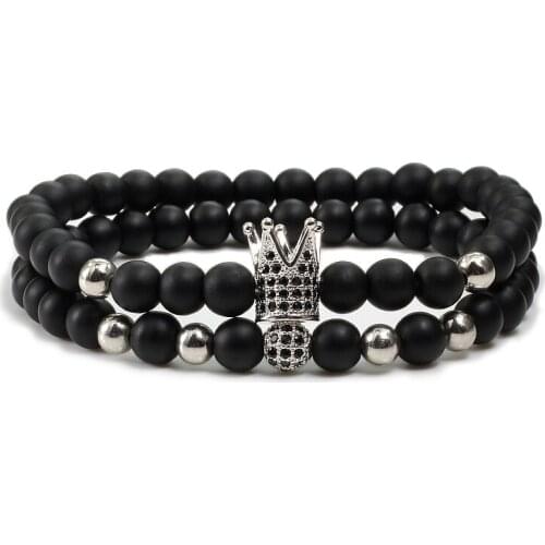 2pcs/set Oxyn Stone Beads Bracelet Men Crown Bracelet CZ Pave Disco Ball Bracelets & Bangles Couple Distance Jewelry Male Gift