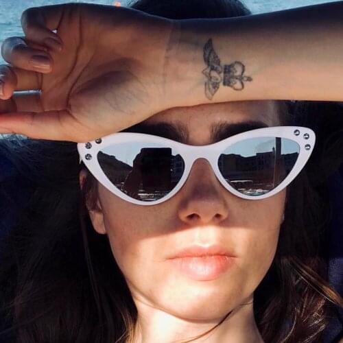 2018 New Diamond Sunglasses Women Vintage Cat Eye Glasses Frame Lady Sexy Cateye Lens Luxury Blue Glasses Shades uv400