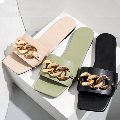 2021 Women Slippers Fashion Chain Decoratie Vierkante Open Toe Teen Platte Outdoor Personality Street Punk Woman Shoes