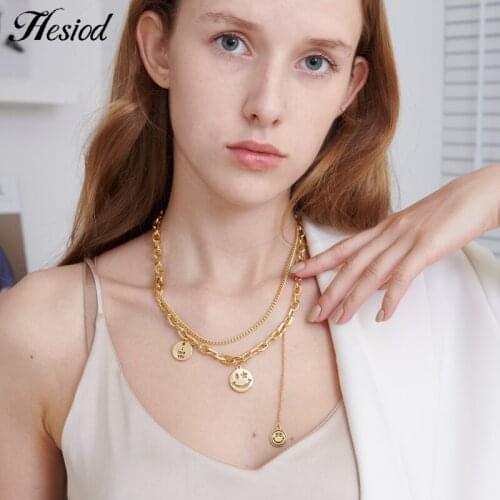 Hesiod Metal Smiling Face Coins Pendant Necklace Chain Type Multilayer Gold Plated Party Charm Jewelry Accessories For Women