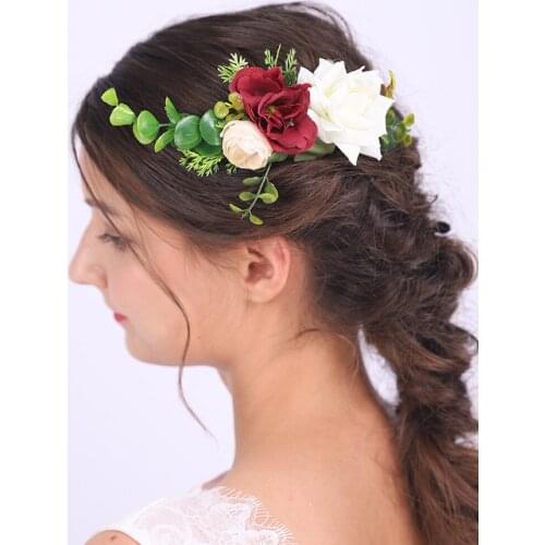 Red Rose and Leaves Princess Ornament Wedding Flower Crown Bridal Fascinators Classic Hair Accessories Graceful women Hair Comb