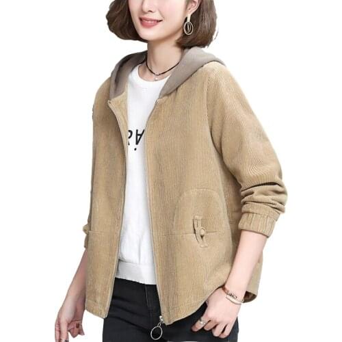 Fine corduroy jacket Women spring and autumn short 2020 new fashion loose Pocket zipper casual hooded Tops ladies overcoat