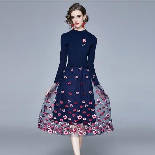 JSXDHK Spring Women Mesh Patchwork Knitted Dresses Elegant Ladies 3D Floral Embroidery Beading Long Sleeve Midi Dress Vestidos