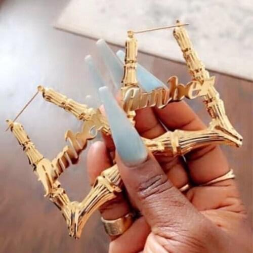 Stainless Steel Triangle Name Bamboo Hoop Earrings Custom Name Earrings Geometric Hip-Pop Style Earring for Women Jewelry Gift