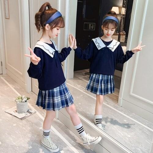 Girls' Casual Suit White Long-sleeved Lapel Pullover + Pleated Plaid Skirt Spring And Autumn School Girls Uniforms 4-12 Years