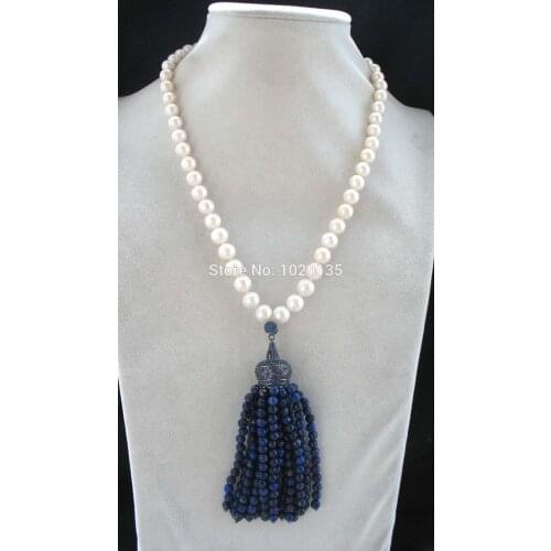 Freshwater pearl white round 9-10mm and lapis lazuli round necklace 18" FPPJ