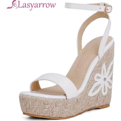 Lasyarrow Womens sandals summer new sandals womens large size wedge buckle belt open toe high heel black womens shoes