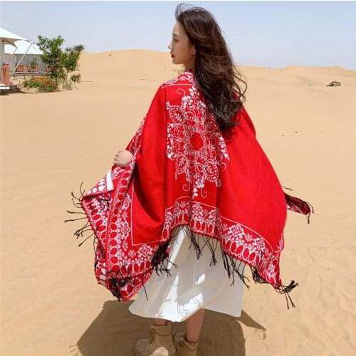 European and American Retro National Style Shawl Dual-Purpose Thick Warm Womens Autumn and Winter Cashmere pashmina