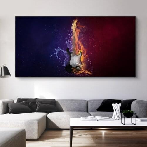 Modern Fire and Water Abstract Guitar Music Canvas Painting Colorful Posters and Prints Wall Pictures for Music Hall Home Decor