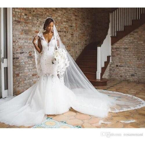 African Mermaid Wedding Dresses Deep V Neck Lace Applique Chapel Train Beaded Crystals Wedding Dress Bridal Gowns vestidos