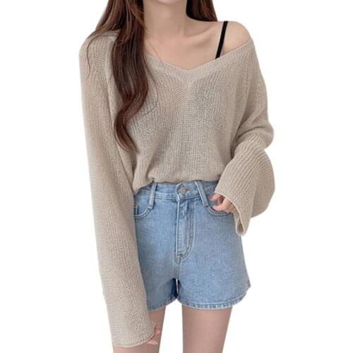 Women Sweaters Solid Color Long-sleeved Pullover Female V-Neck Loose Thin Spring Sweater Soft and Sunscreen Tops 2021