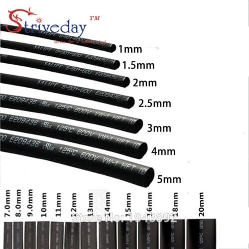 Black-1MM 2MM 3MM 4MM 5MM 6MM 8MM 10MM 12MM Assortment Ratio 2:1 Polyolefin Heat Shrink Tube Tubing Sleeving Wrap Wire Cable