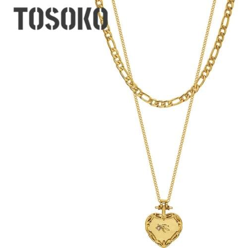 TOSOKO Stainless Steel Jewelry Carved peach heart Zircon Pendant double layer Necklace womens fashion clavicle chain BSP1093