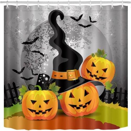 72'' Halloween Devil Pumpkin With Witches Hat Black Bats Bathroom Waterproof Fabric Shower Curtain 12 Hooks Bath Accessory Sets